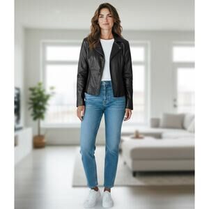 New York & Company Genuine Leather Long Sleeve Moto Biker Jacket Black Large